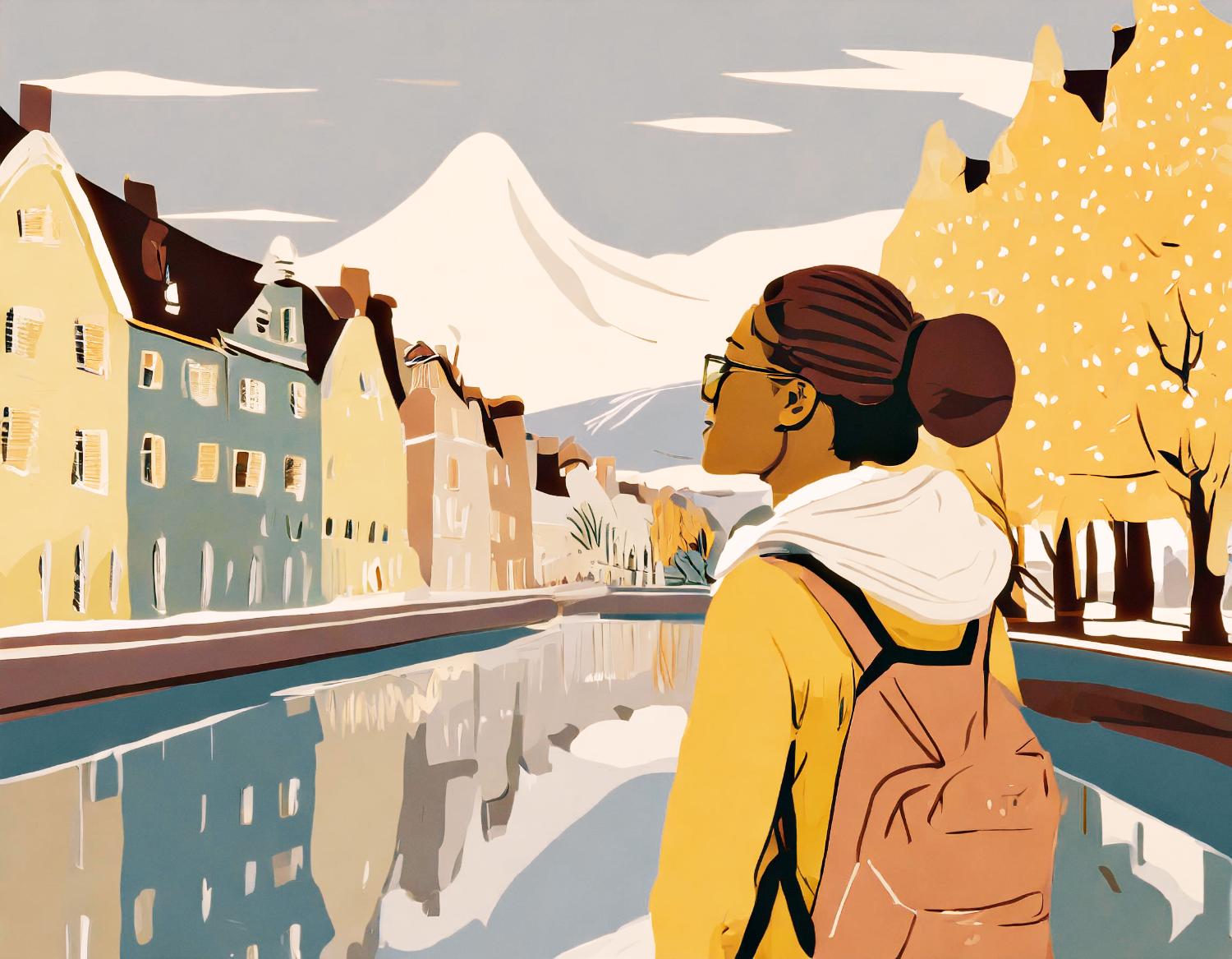 A stylish traveler in glasses, yellow jacket, and chic pink backpack stands by a picturesque autumn canal, vibrant buildings, and snowy peaks.