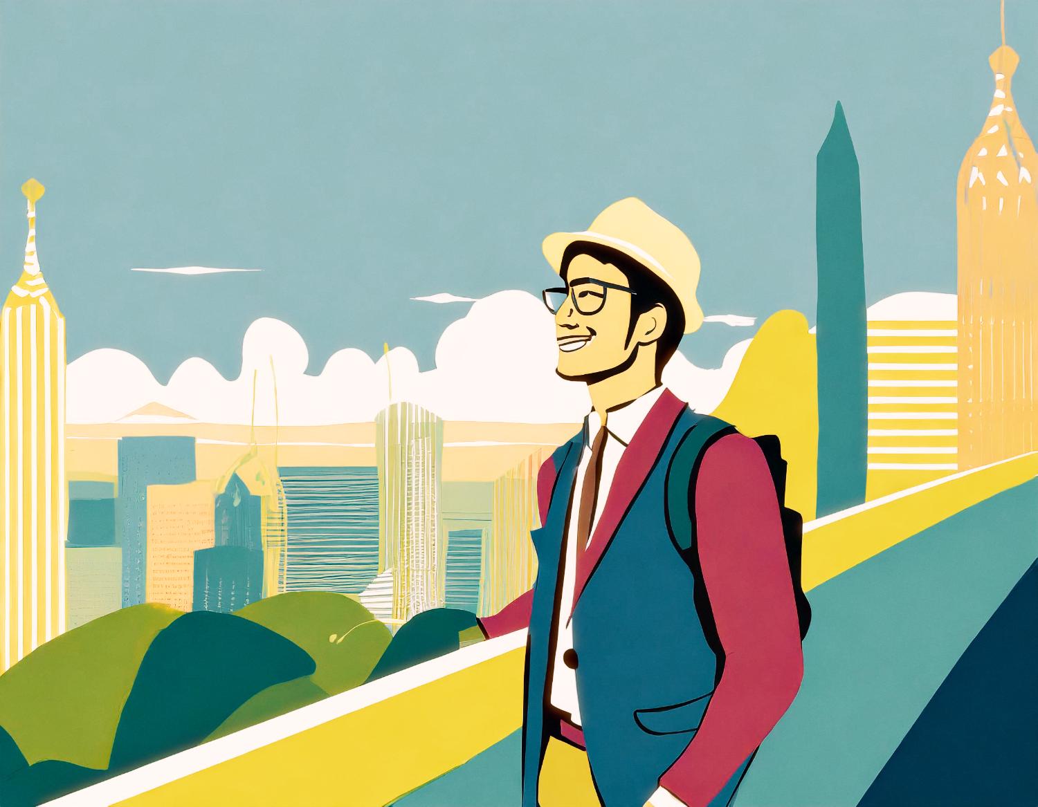 Stylish traveler in a red jacket and chic hat, sporting trendy glasses and a backpack—essential for urban explorers. Vibrant city skyline backdrop.