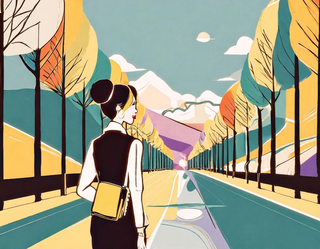 Stylized illustration: Person with a chic bun, black vest, and yellow travel bag walking down a vibrant road lined with colorful trees and mountains.
