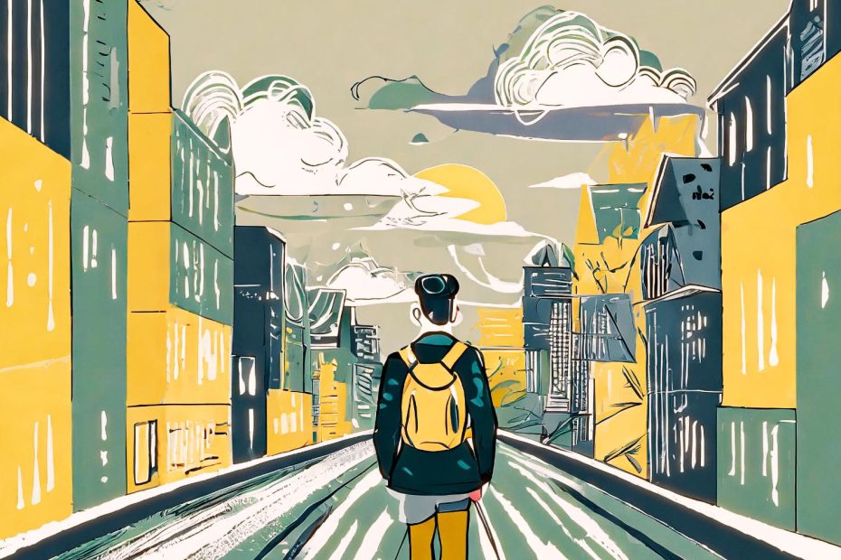 Stylish illustration of a yellow Lifestyle Pack backpack on a person strolling an empty street, framed by tall buildings and a glowing sunset sky.