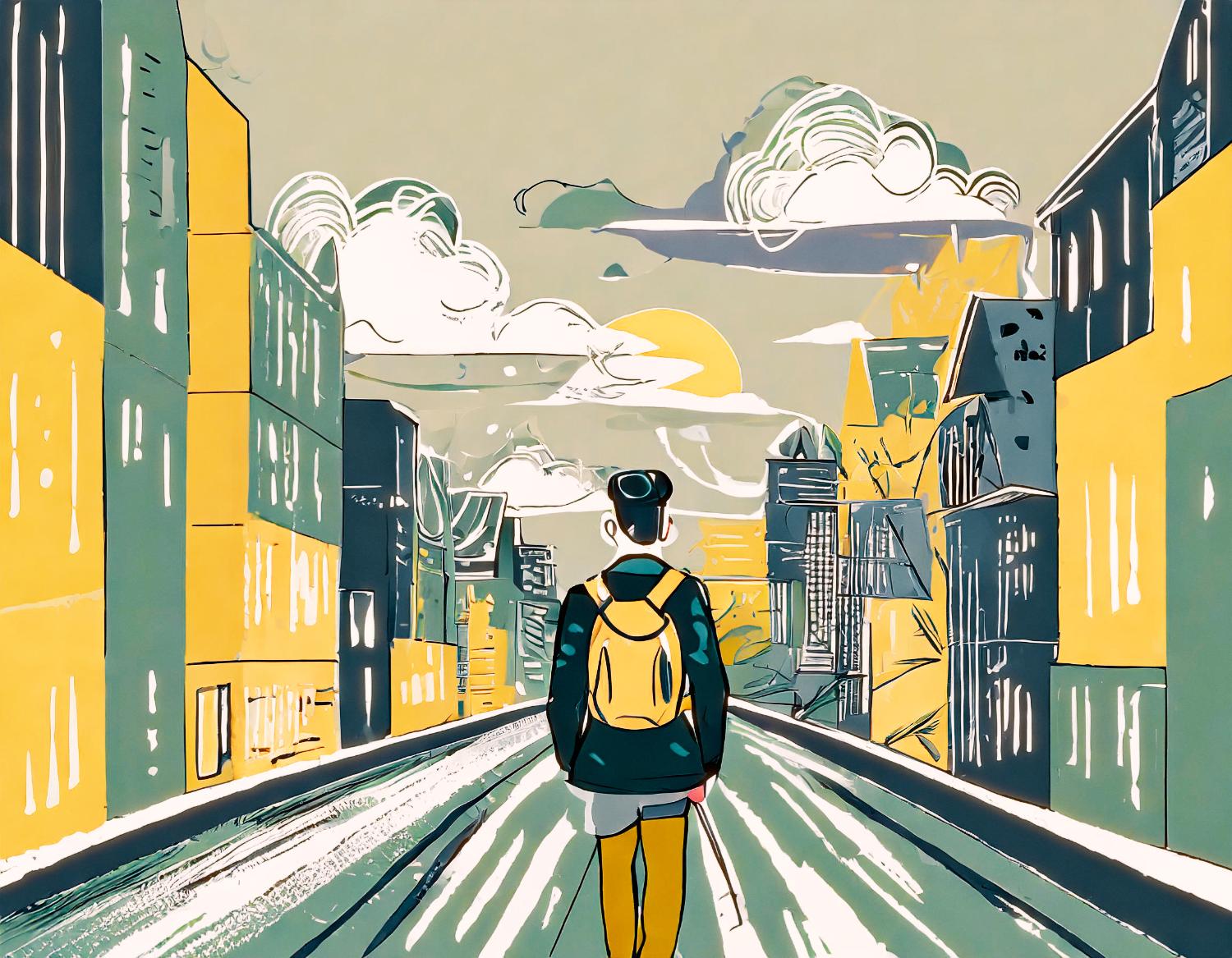 Stylish illustration of a yellow Lifestyle Pack backpack on a person strolling an empty street, framed by tall buildings and a glowing sunset sky.