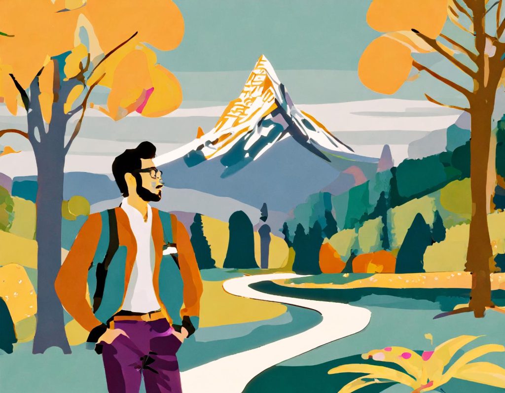 A stylish man with a beard and glasses, in a trendy brown jacket and chic Lifestyle Pack backpack, walks an autumn trail towards snow-capped peaks.