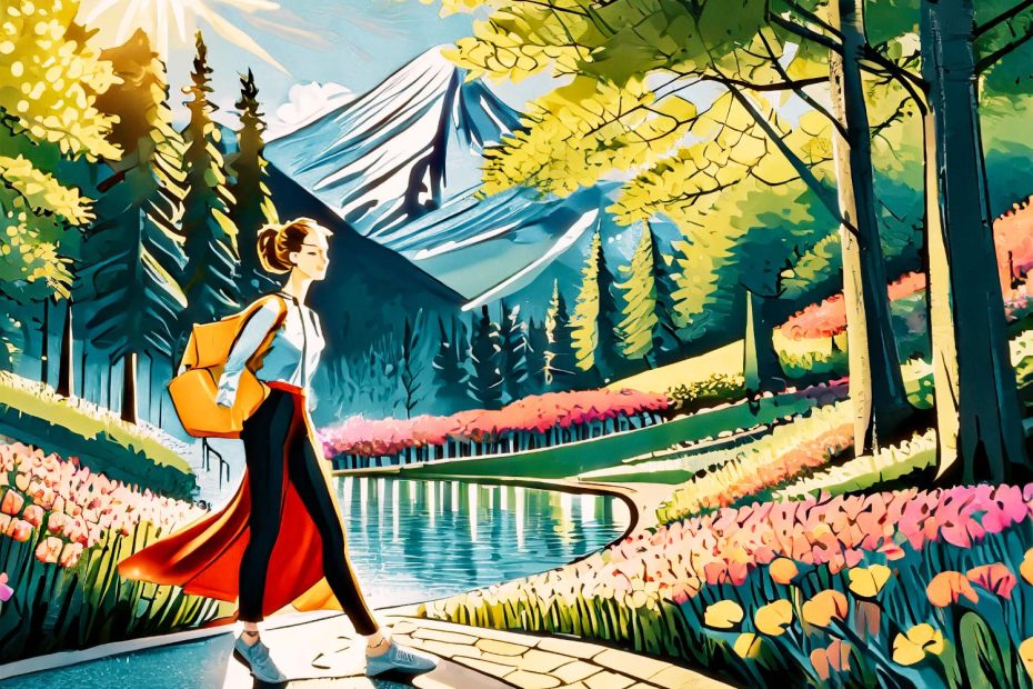 A stylish woman in athleisure, with a red jacket tied around her waist and a vibrant yellow Herschel backpack, strolls by a scenic flower-lined lake with towering trees and snow-capped mountains glistening under the sun.