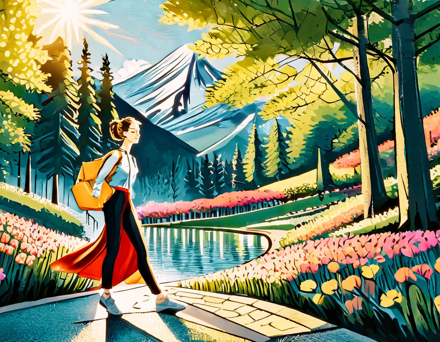 A stylish woman in athleisure, with a red jacket tied around her waist and a vibrant yellow Herschel backpack, strolls by a scenic flower-lined lake with towering trees and snow-capped mountains glistening under the sun.
