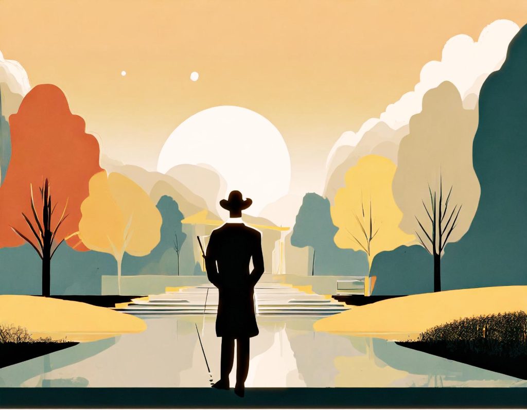 A person in a stylish coat and hat stands on a path beside a reflective pond under an autumn sun, showcasing the on-the-go fashion trend with their Herschel Supply Workshop Ultimate Duffle Bag.