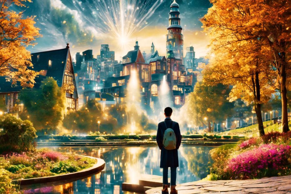 A trendsetter with an Incase A.R.C. Daypack stands by a serene pond in a vibrant autumn park, against a glowing starry cityscape backdrop.