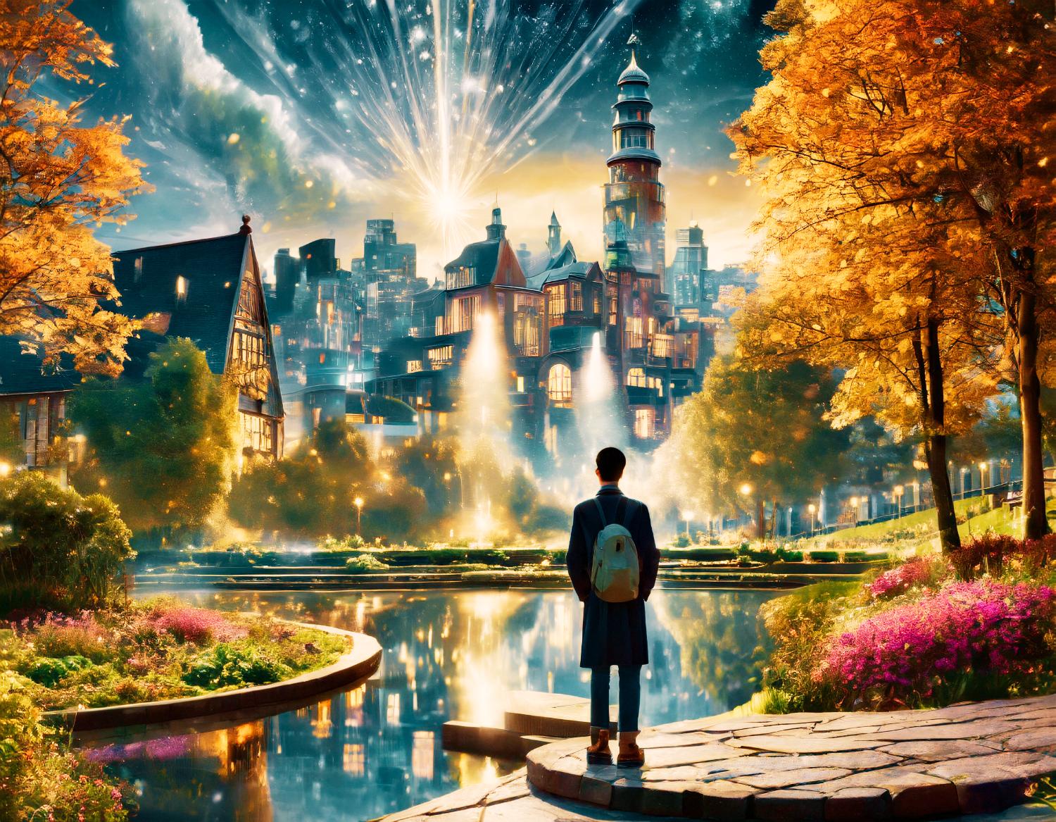 A trendsetter with an Incase A.R.C. Daypack stands by a serene pond in a vibrant autumn park, against a glowing starry cityscape backdrop.