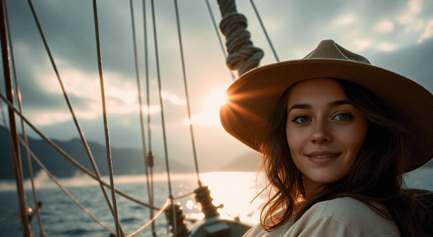A smiling woman in a chic wide-brimmed hat poses on a boat at sunset, radiating style with her JanSport SuperBreak Away Duffel. Scenic mountains and sea frame the background.