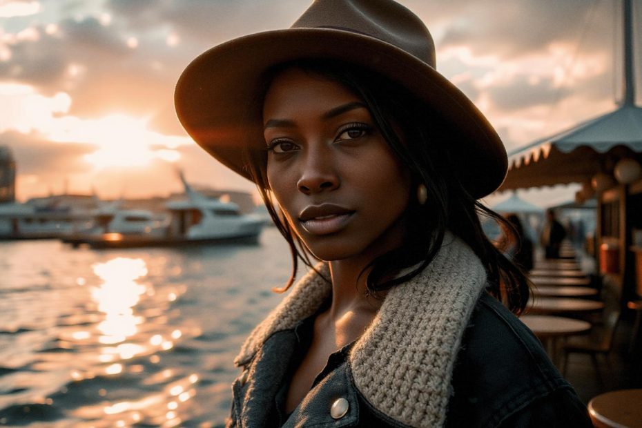 A stylish woman by the sunset-lit waterfront rocks a tan hat, shearling-collar jacket, and a chic messenger bag. Boats docked in the golden light complete the scene.