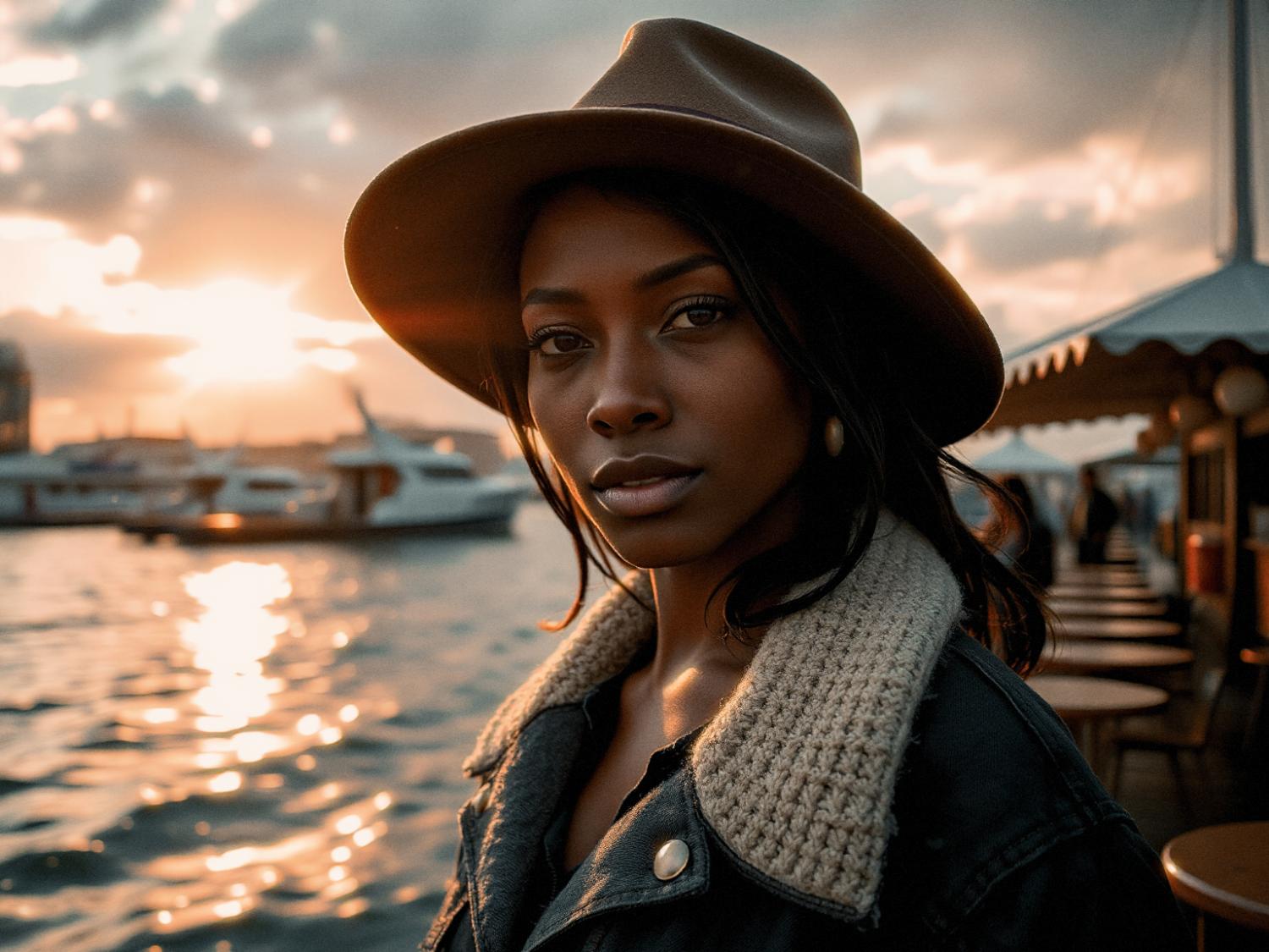 A stylish woman by the sunset-lit waterfront rocks a tan hat, shearling-collar jacket, and a chic messenger bag. Boats docked in the golden light complete the scene.