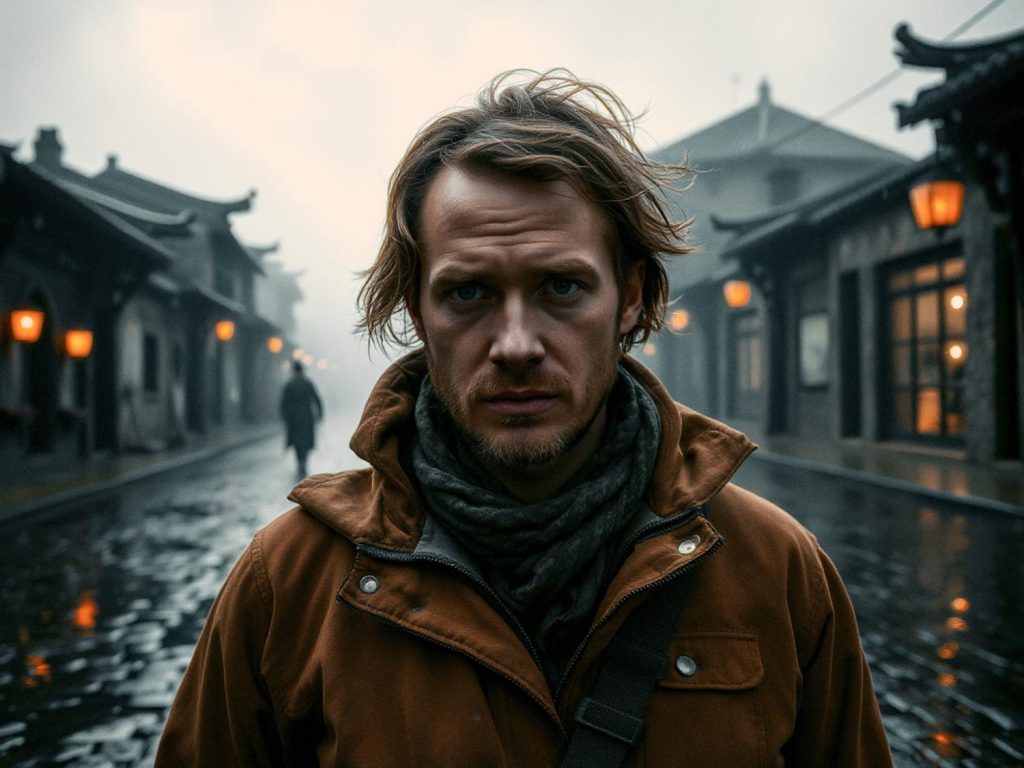 A man with shoulder-length blonde hair, in a stylish brown jacket and scarf, stands on a wet street with glowing lanterns and misty traditional Asian buildings. In the background, another person walks carrying a fashionable messenger bag, enhancing the moody ambiance.