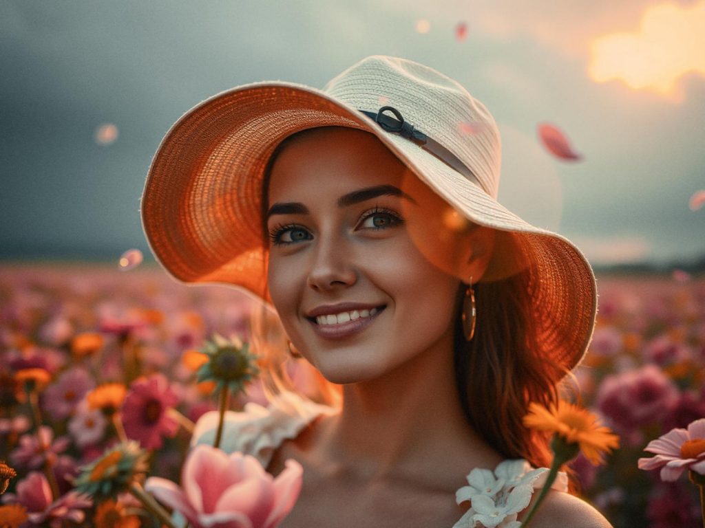 A woman in a chic wide-brimmed hat smiles warmly amid colorful flowers at sunset, holding a pink bloom and carrying a stylish messenger bag.