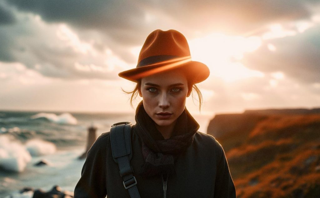 A fashion-forward individual in a dark coat and brown hat stands against dramatic coastal waves at sunset, showcasing a stylish messenger bag.