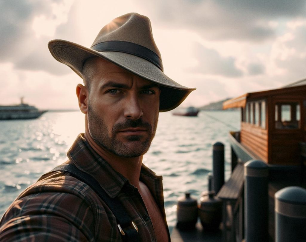 A man exudes maritime chic on a dock, sporting a wide-brimmed hat, plaid shirt, and trendy messenger bag. Cloudy skies and boats frame his stylish pose.
