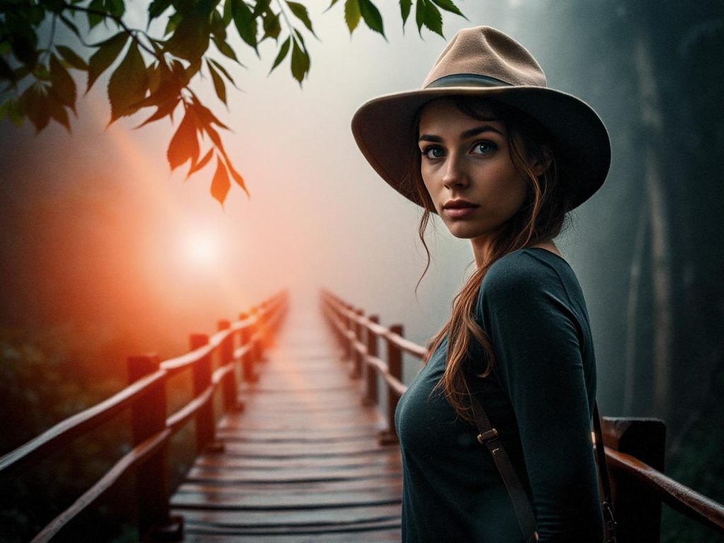 A serious woman in a wide-brimmed hat and dark shirt stands on a misty forest bridge at dawn, stylishly paired with the best durable messenger bags.