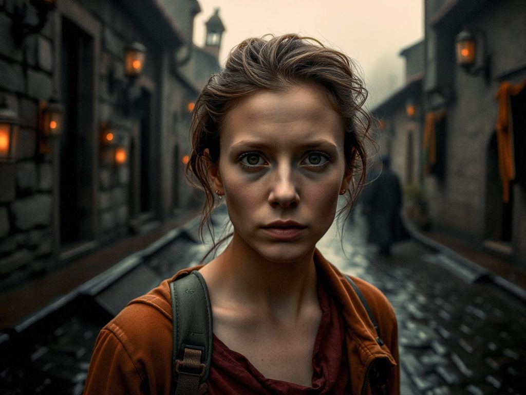 A young woman with intense eyes captivates in a foggy, stone-lined alley. Her brown jacket and eco-friendly backpack exude chic sustainability amidst warm lantern glow.