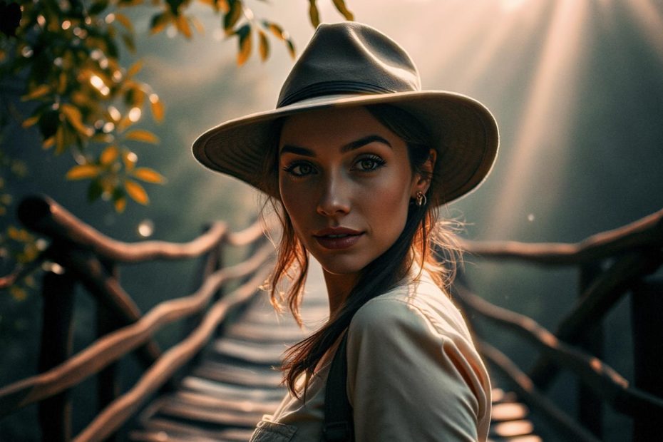 A stylish woman in light, airy clothing and a wide-brimmed hat stands confidently on a wooden bridge. Her eco-friendly messenger bag adds a chic, sustainable touch as sunlight filters through the serene forest backdrop.