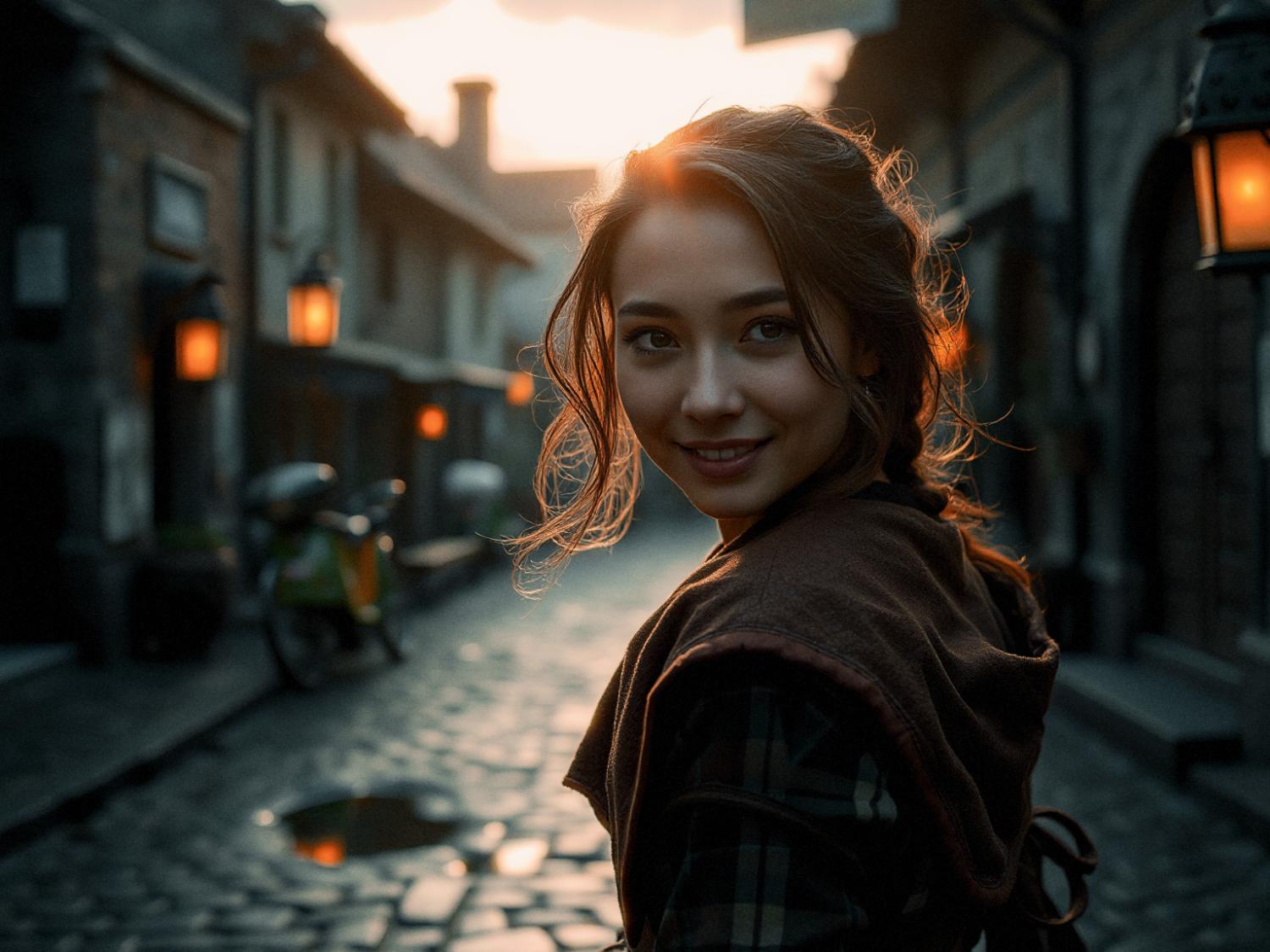 A young woman with wavy hair smiles warmly on a cobblestone street at dusk. She glances back, illuminated by street lamps, accessorized with an eco-friendly messenger bag.