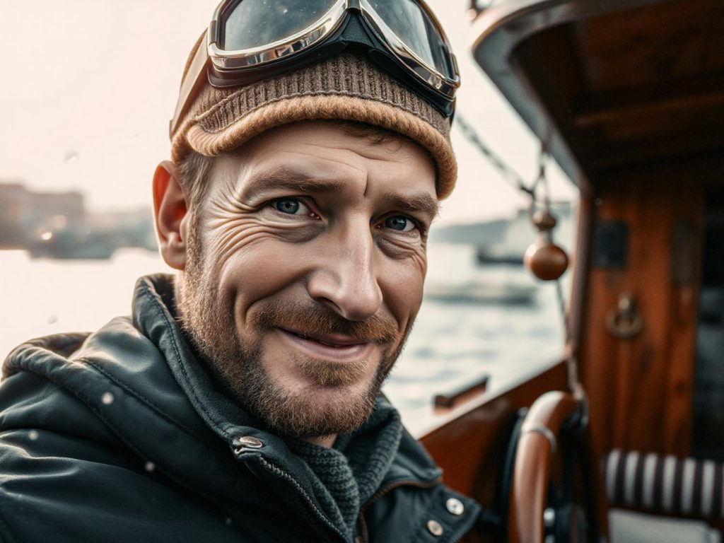 A bearded man in a beanie, jacket, and vintage aviator goggles, smiles on a boat. His recycled messenger bag completes the relaxed, eco-friendly vibe.