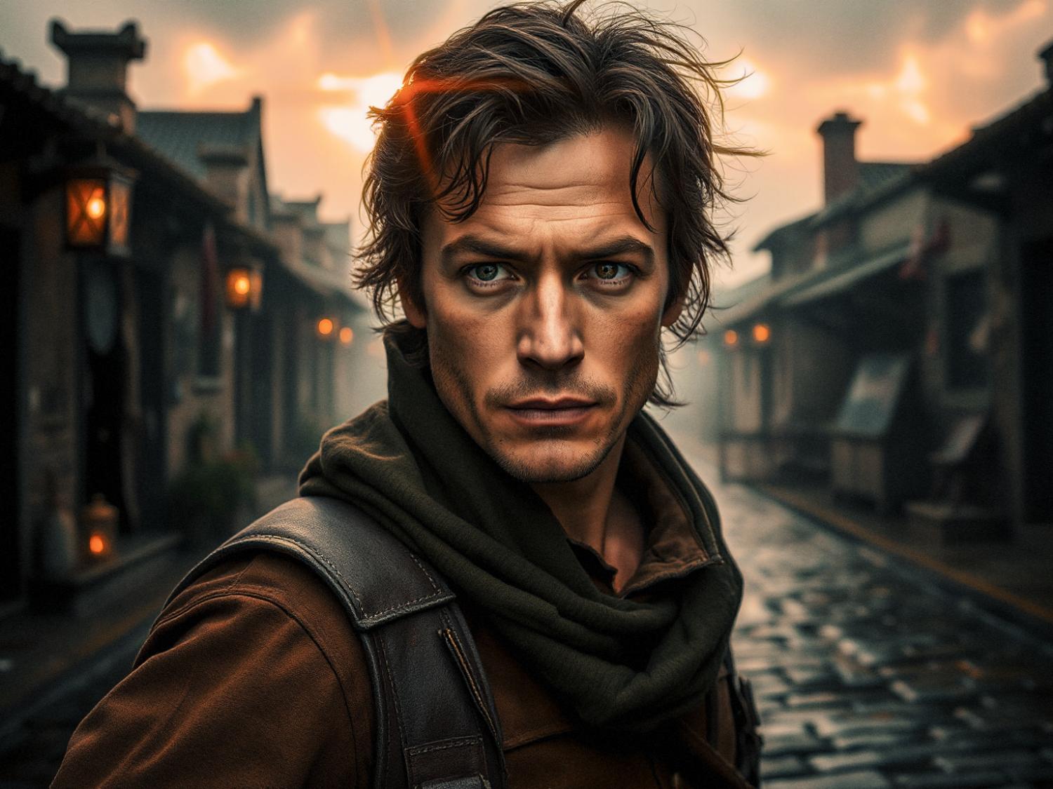 A rugged man with tousled hair, wearing a brown jacket and dark green scarf, stands stylishly on a cobblestone street at dusk. His Duffel 60L bag adds adventure-ready flair, while glowing lanterns and an orange sunset complete the scene.
