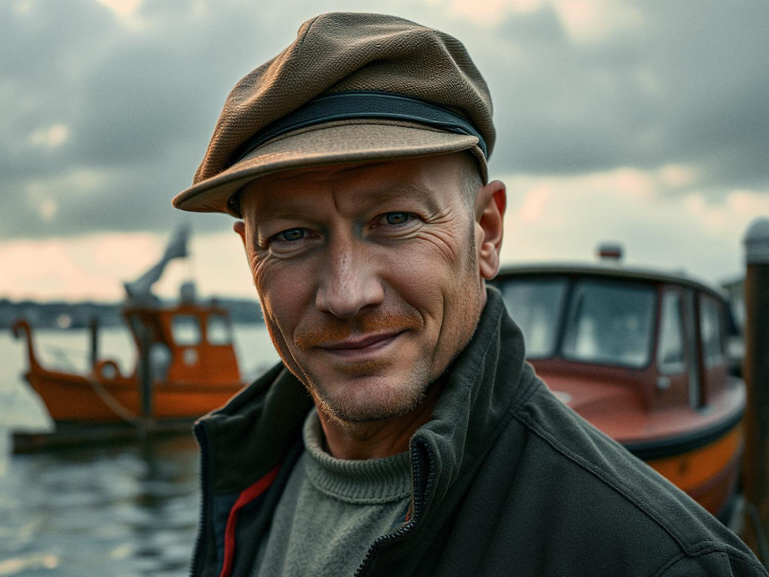 Middle-aged man in a chic cap and casual jacket stands by the serene waterfront, showcasing his eco-friendly messenger bag with a boat in the background.