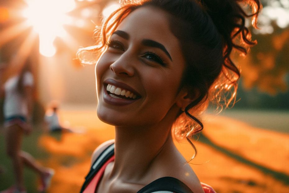 A woman with curly hair beams warmly in a pink top and chic black messenger bag. Bathed in golden hour light, she stands out in a serene park setting.