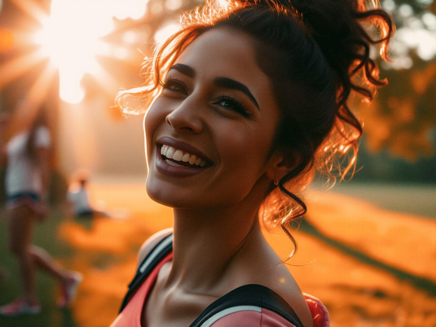 A woman with curly hair beams warmly in a pink top and chic black messenger bag. Bathed in golden hour light, she stands out in a serene park setting.