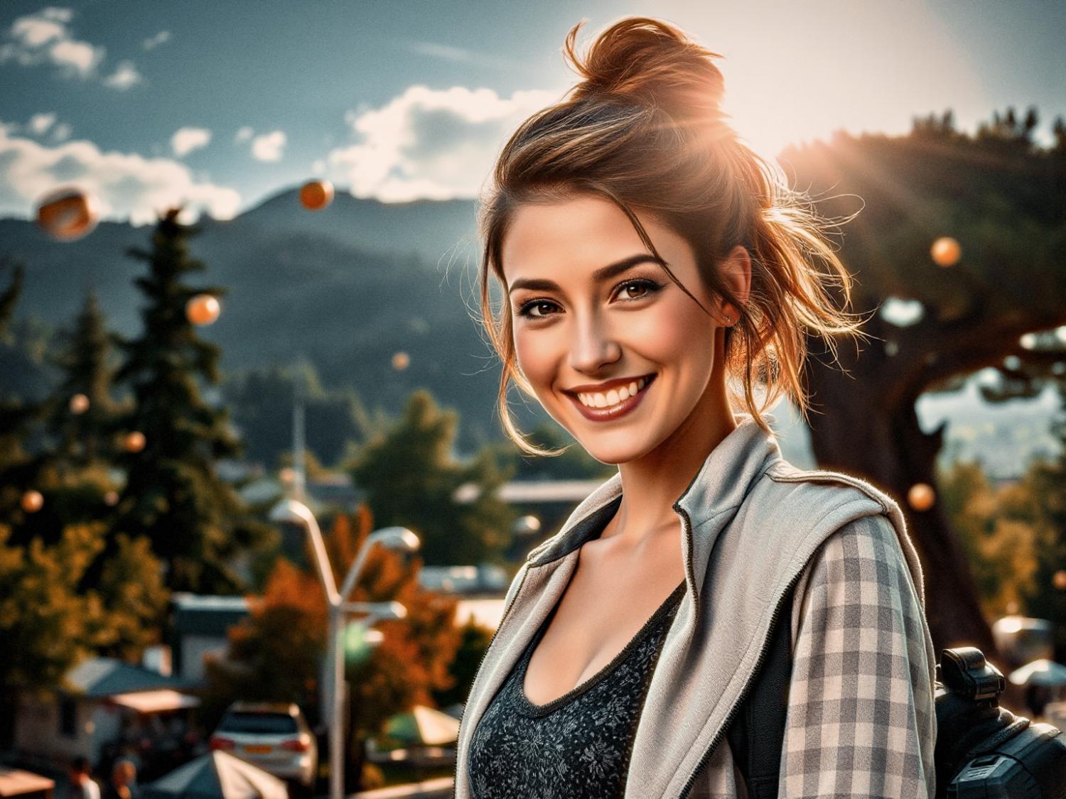 A smiling woman with a ponytail and plaid shirt stands outdoors at sunset. Her stylish vest and messenger bag complete the trendy look against a backdrop of trees, mountains, and hanging decorations.