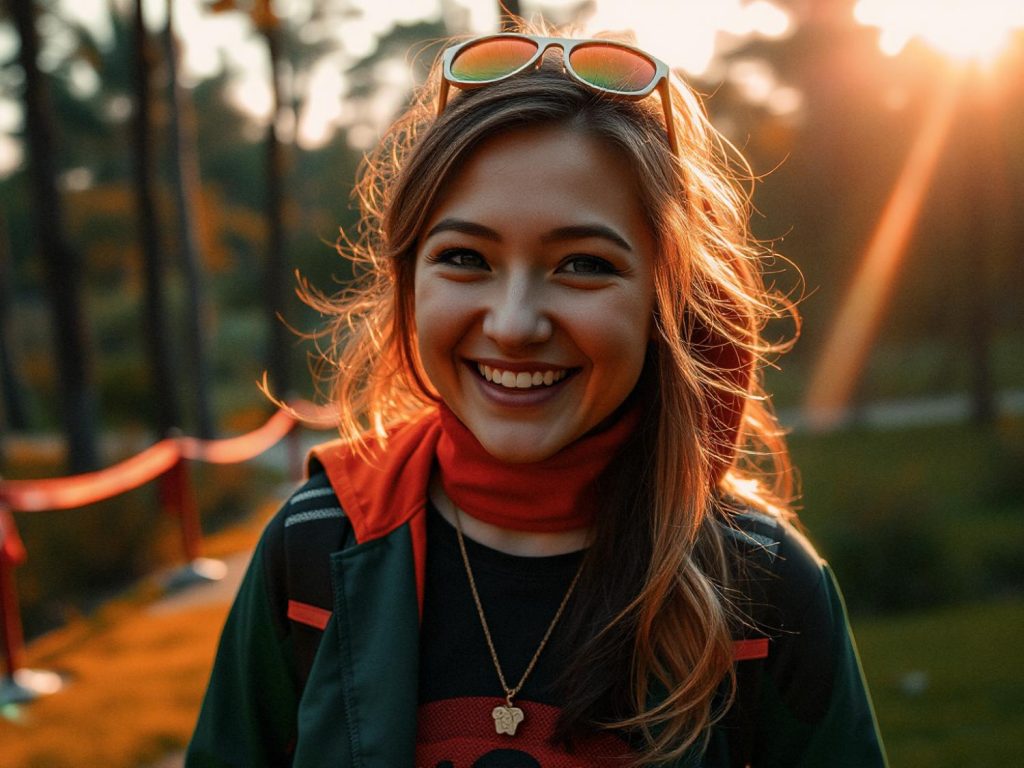 A young woman beams under the sun, her long light brown hair framed by trendy sunglasses. She sports a chic red scarf and green jacket, effortlessly carrying a stylish black school messenger bag against a vibrant, tree-lined path.