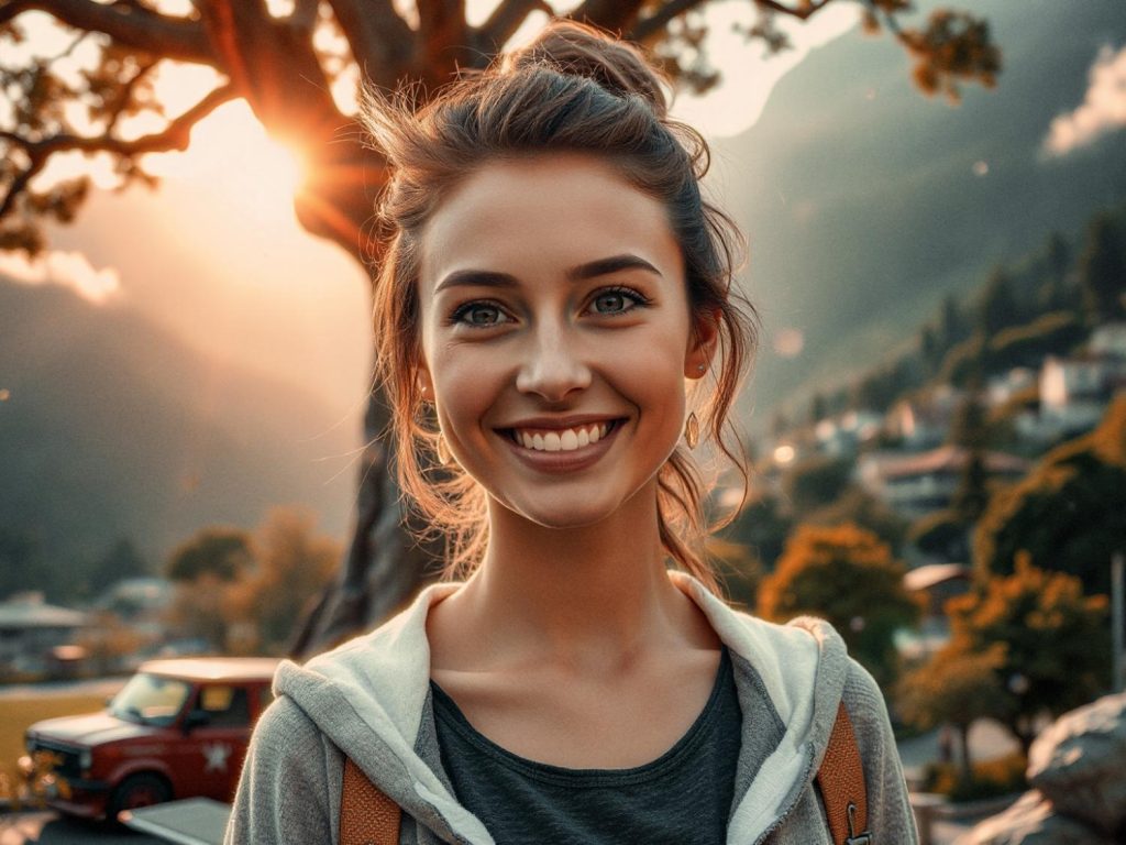A woman with a radiant smile stands before a sunset-lit mountain vista, wearing casual chic attire, highlighted by a trendy black messenger bag.