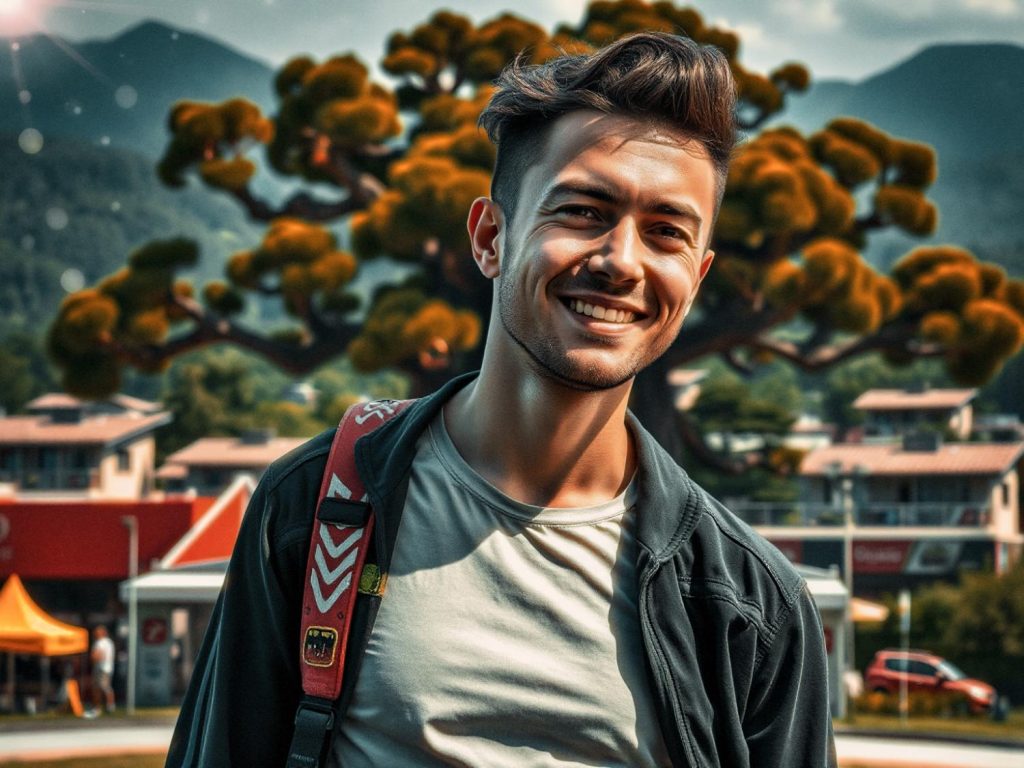 A fashionable young man with styled hair, rocking a white shirt, dark jacket, and trendy colorful-strapped backpack. Clouds loom over trees and mountains as he stands ready for school.