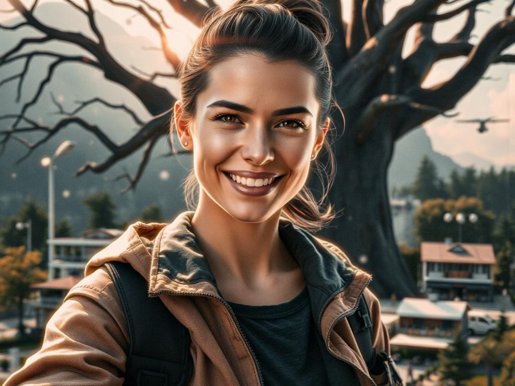 A smiling woman outdoors, styled in a chic brown jacket and trendy black messenger backpack. Bare branches, buildings, and mountains frame the partly cloudy sky.