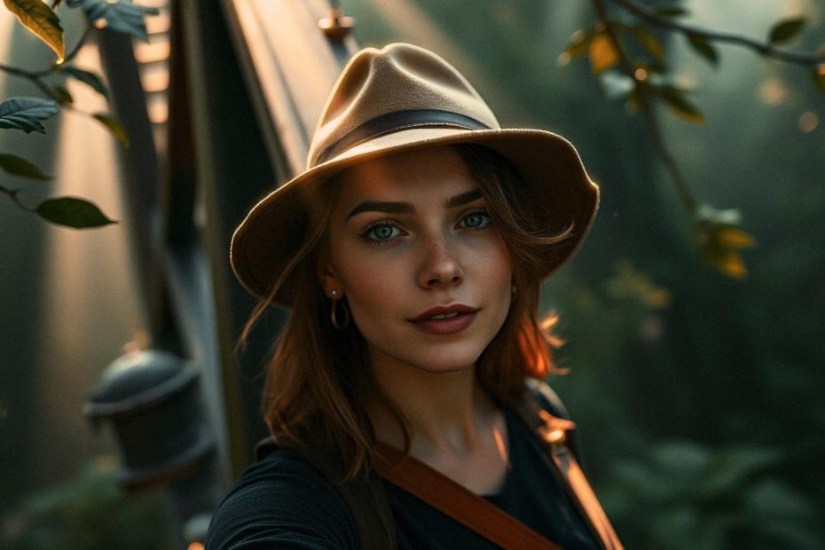 A young woman with striking blue eyes and brown hair takes an outdoor selfie. She's styled in a tan fedora, black shirt, and chic crossbody bag straps. Sunlight filters through the trees, enhancing the warm, serene ambiance with trendy elegance.