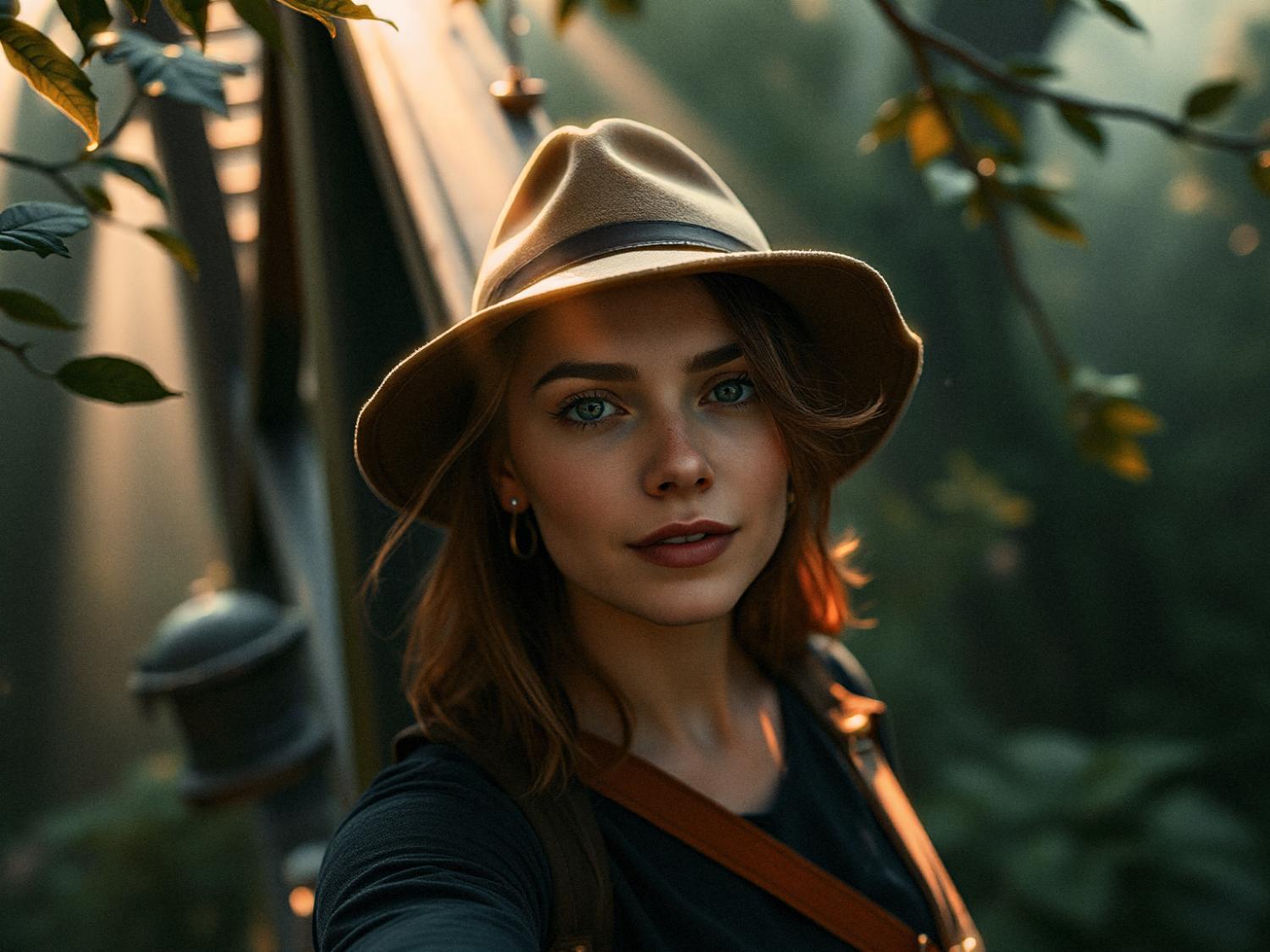 A young woman with striking blue eyes and brown hair takes an outdoor selfie. She's styled in a tan fedora, black shirt, and chic crossbody bag straps. Sunlight filters through the trees, enhancing the warm, serene ambiance with trendy elegance.