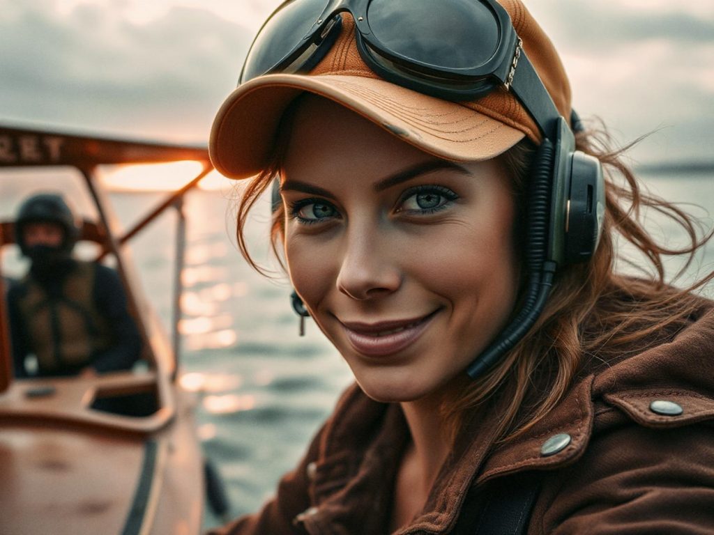 A stylish woman in a brown jacket, headgear, and aviator goggles on her cap smiles while holding a chic purse on a boat's deck; water sparkles behind her.