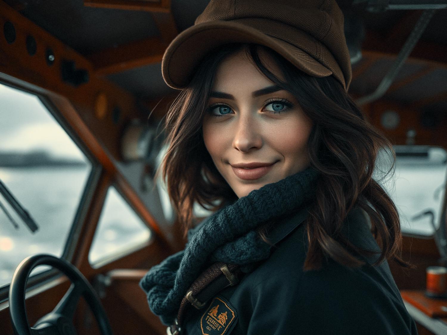 A woman with wavy dark hair, styled in a brown cap and dark green scarf, smiles softly aboard a boat. Her functional purse sits beside her as she gazes out at the serene water view—an effortless blend of chic and adventure.