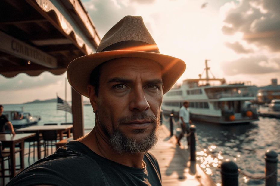 A bearded man in a stylish hat captures a sunset selfie on a dock. His Adventure Bag completes the scene, with boats and strollers bathed in golden light.