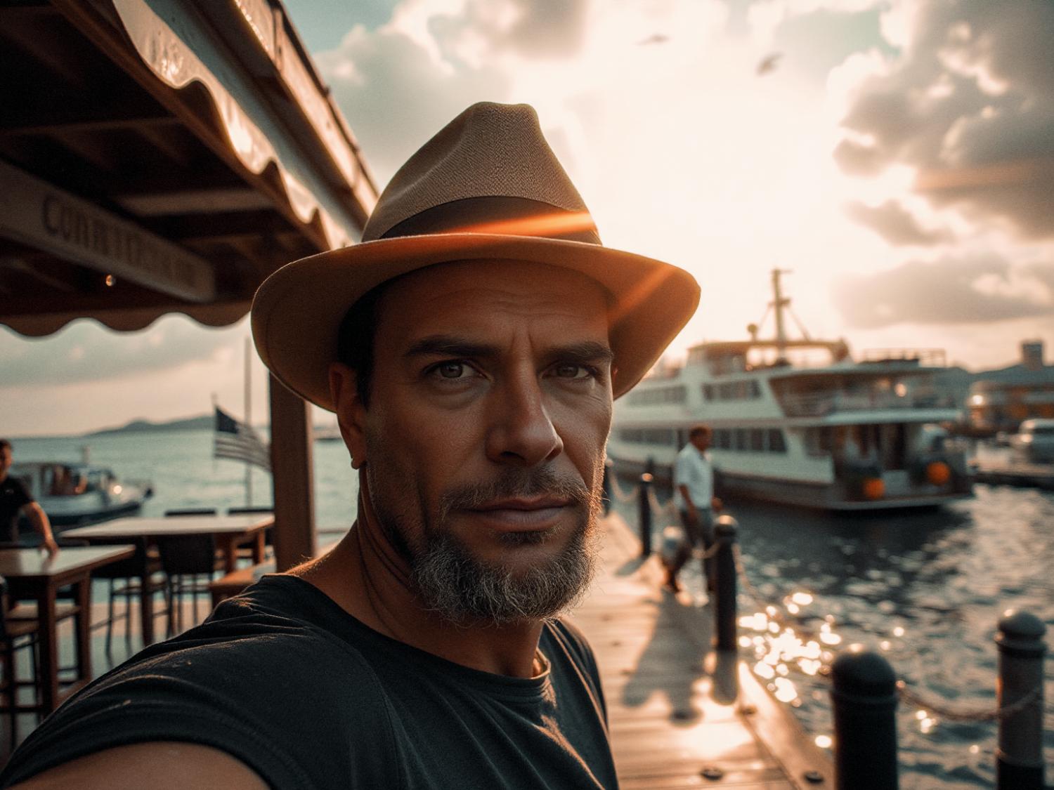 A bearded man in a stylish hat captures a sunset selfie on a dock. His Adventure Bag completes the scene, with boats and strollers bathed in golden light.