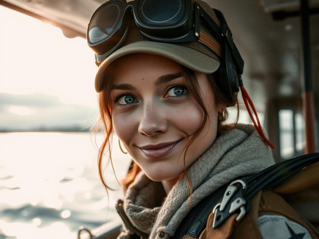 A stylish woman with auburn hair and blue eyes smiles softly, donning a brown cap, aviator goggles, and a chic crossbody bag. The sunlight reflects off the water behind her, evoking wanderlust.