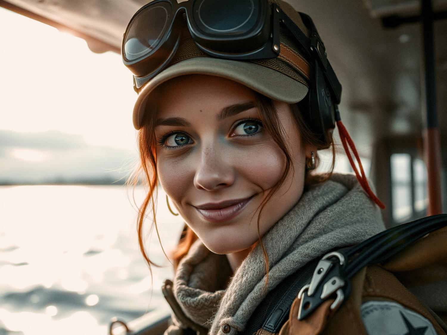 A stylish woman with auburn hair and blue eyes smiles softly, donning a brown cap, aviator goggles, and a chic crossbody bag. The sunlight reflects off the water behind her, evoking wanderlust.