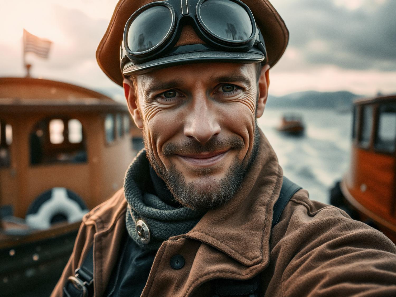 A stylish individual in a brown jacket, dark scarf, and goggle-adorned cap beams while showcasing a chic crossbody bag. Wooden boats with an American flag sail on cloudy waters behind them.