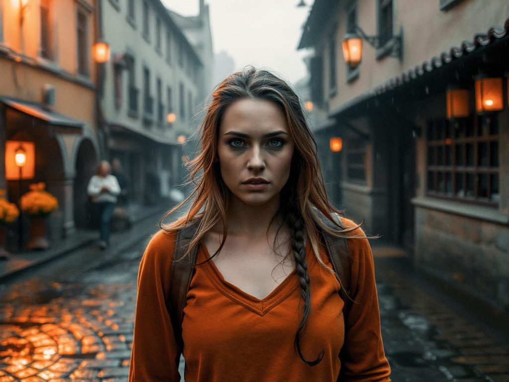 A young woman, with long, partly braided hair, flaunts an orange shirt and a chic water-resistant backpack. She stands on a rainy, lantern-lit cobblestone street. The moody ambiance adds to her stylish yet practical look.