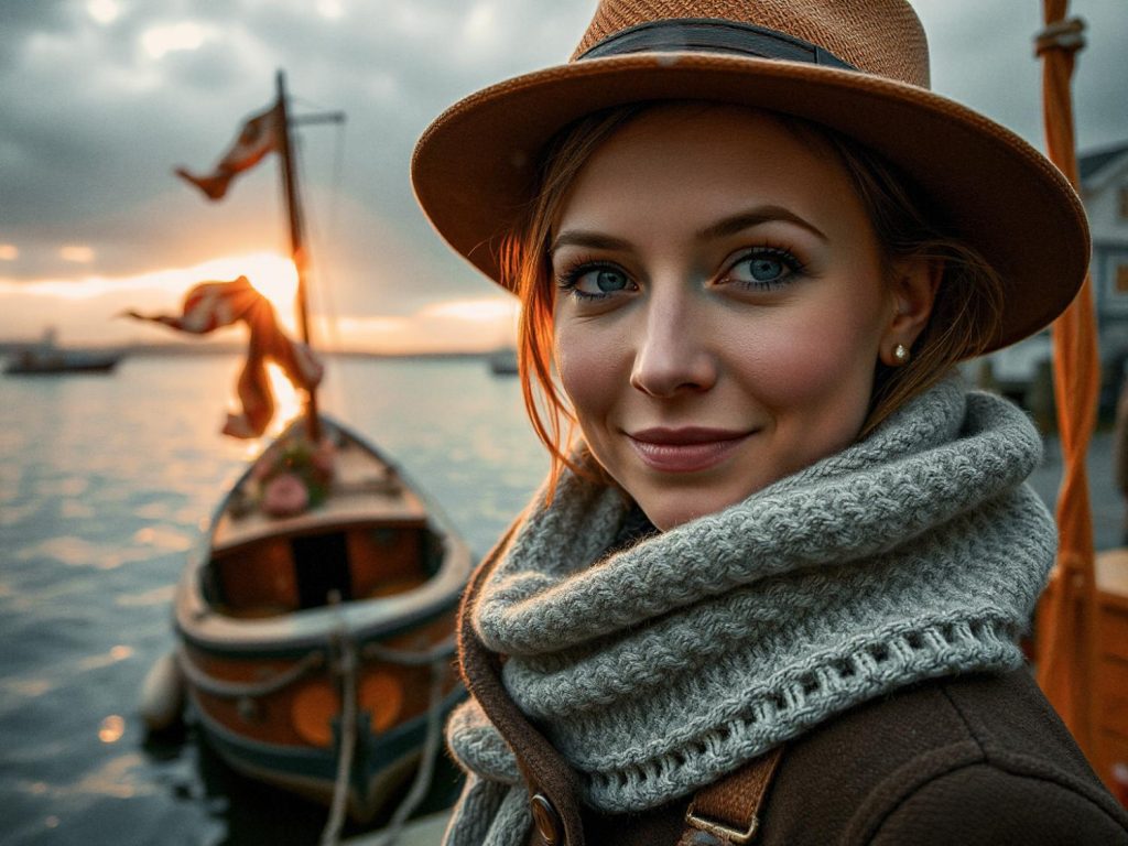 A woman in a chic hat and cozy knit scarf beams at the camera. A sunset lake and boat create a stunning backdrop, accenting her stylish Chrome Water-Resistant Bag.