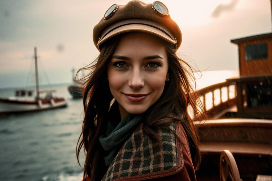 A stylish woman with long brown hair flaunts a plaid coat, green scarf, and chic cap with goggles onboard a boat. Sunlight pierces the cloudy sky, highlighting her effortless elegance enhanced by Peak Design Mobile Wallets.