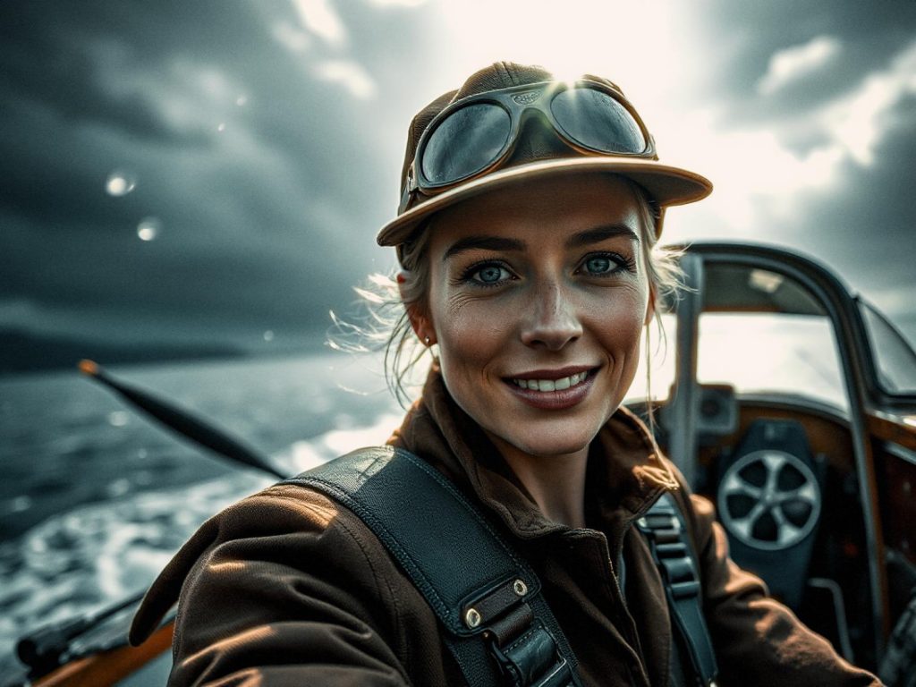 A stylish woman in a cap and sunglasses snaps a windswept selfie on a boat, showcasing the convenience of Peak Design Mobile Wallets.