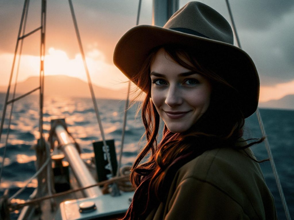 A stylish woman with long hair and a wide-brimmed hat smiles on a sailboat at sunset, glowing mountains in the distance. Her look is completed with Peak Design's chic mobile wallets.