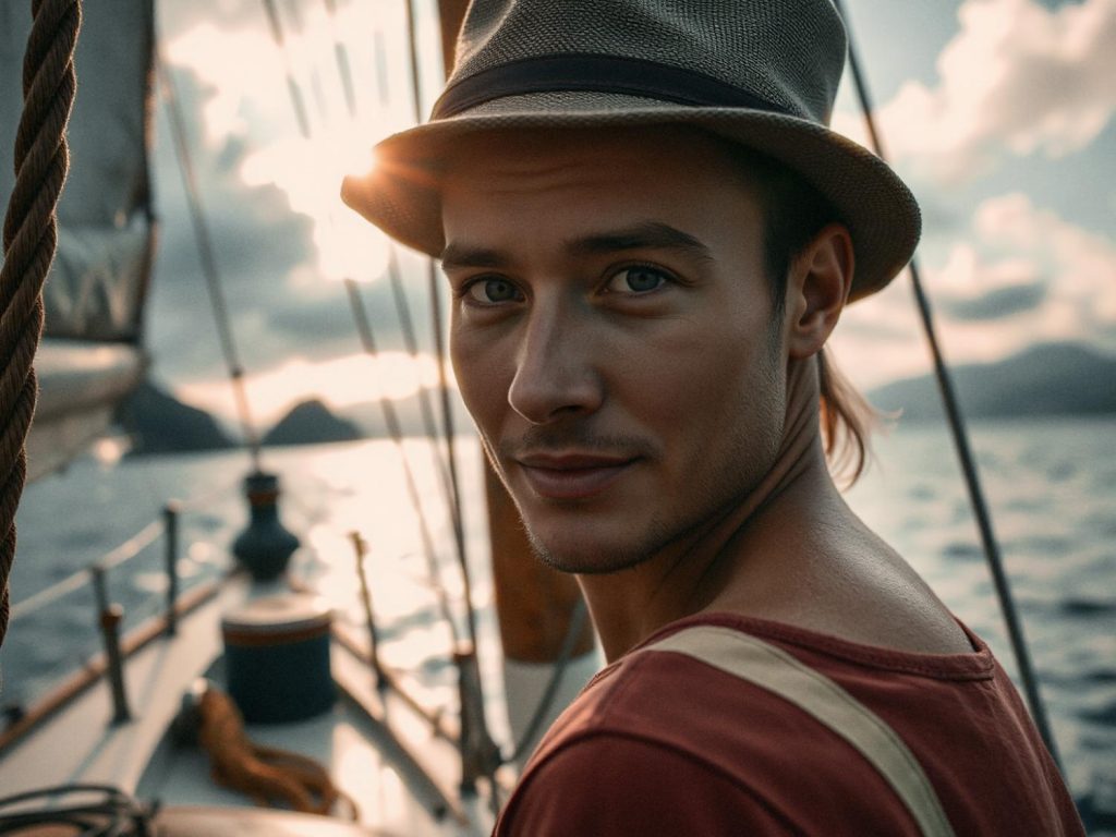 A stylish individual in a red shirt with suspenders and a hat stands on a boat, showcasing Peak Design Mobile Wallets against a mountain-ocean sunset.