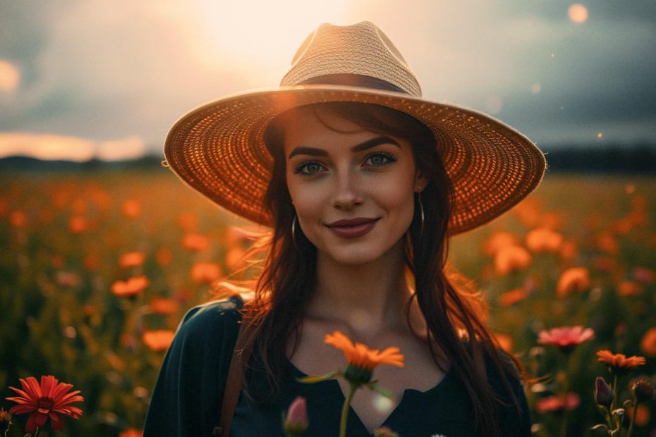 A woman in a wide-brimmed straw hat beams in a field of orange flowers at sunset. Carrying her JanSport SuperBreak Away Duffel, 60L, the golden light enhances the scene's vibrant colors.