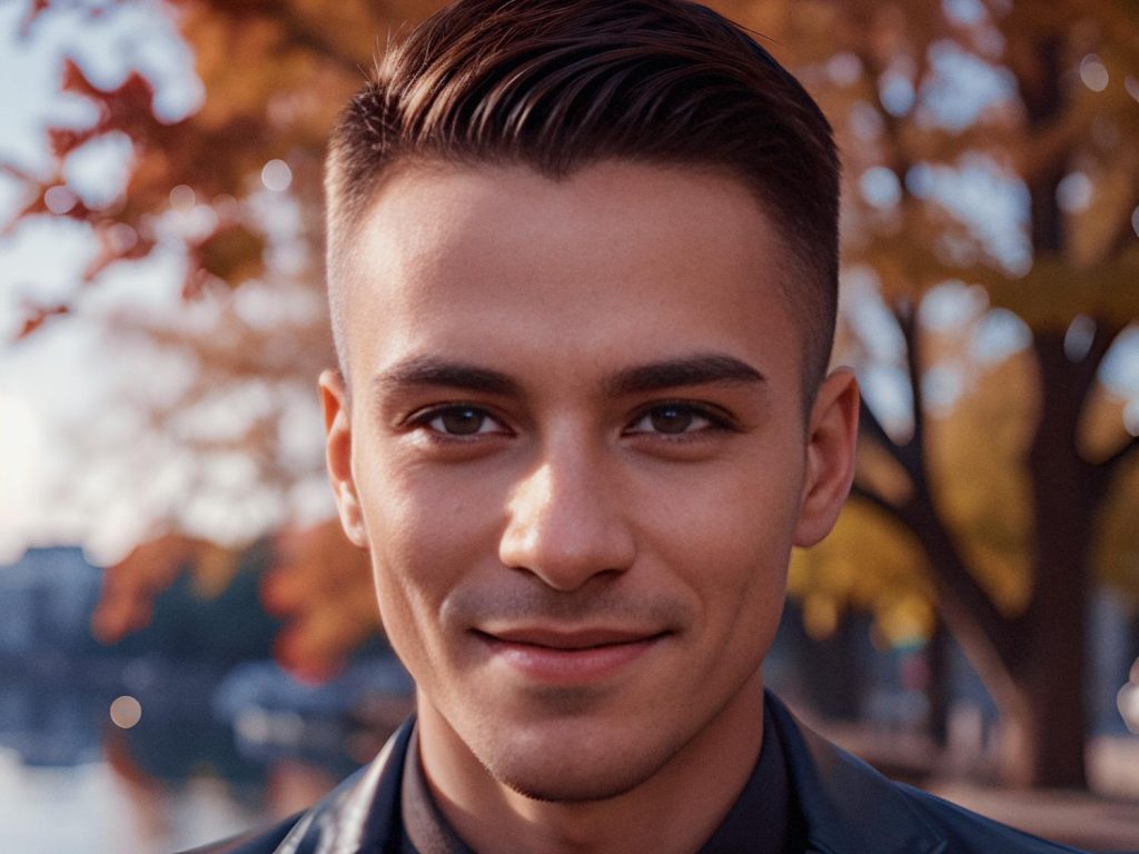 A young man with short dark hair and a slight smile stands outdoors, framed by vibrant autumn foliage. His dark jacket pairs stylishly with a chic Heart Crossbody Bag, all under the glow of a sunny day.