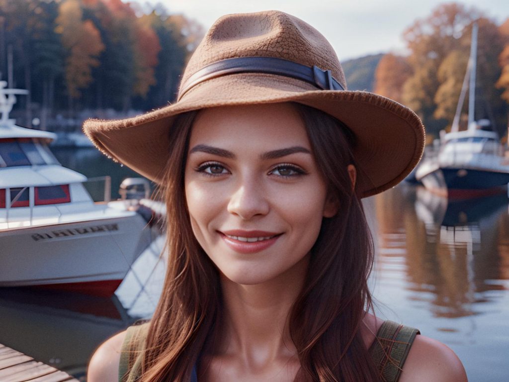 Chic in a brown wide-brimmed hat and heart crossbody bag, a woman beams by an autumn lakeside dock, framed by serene boats and vibrant foliage.